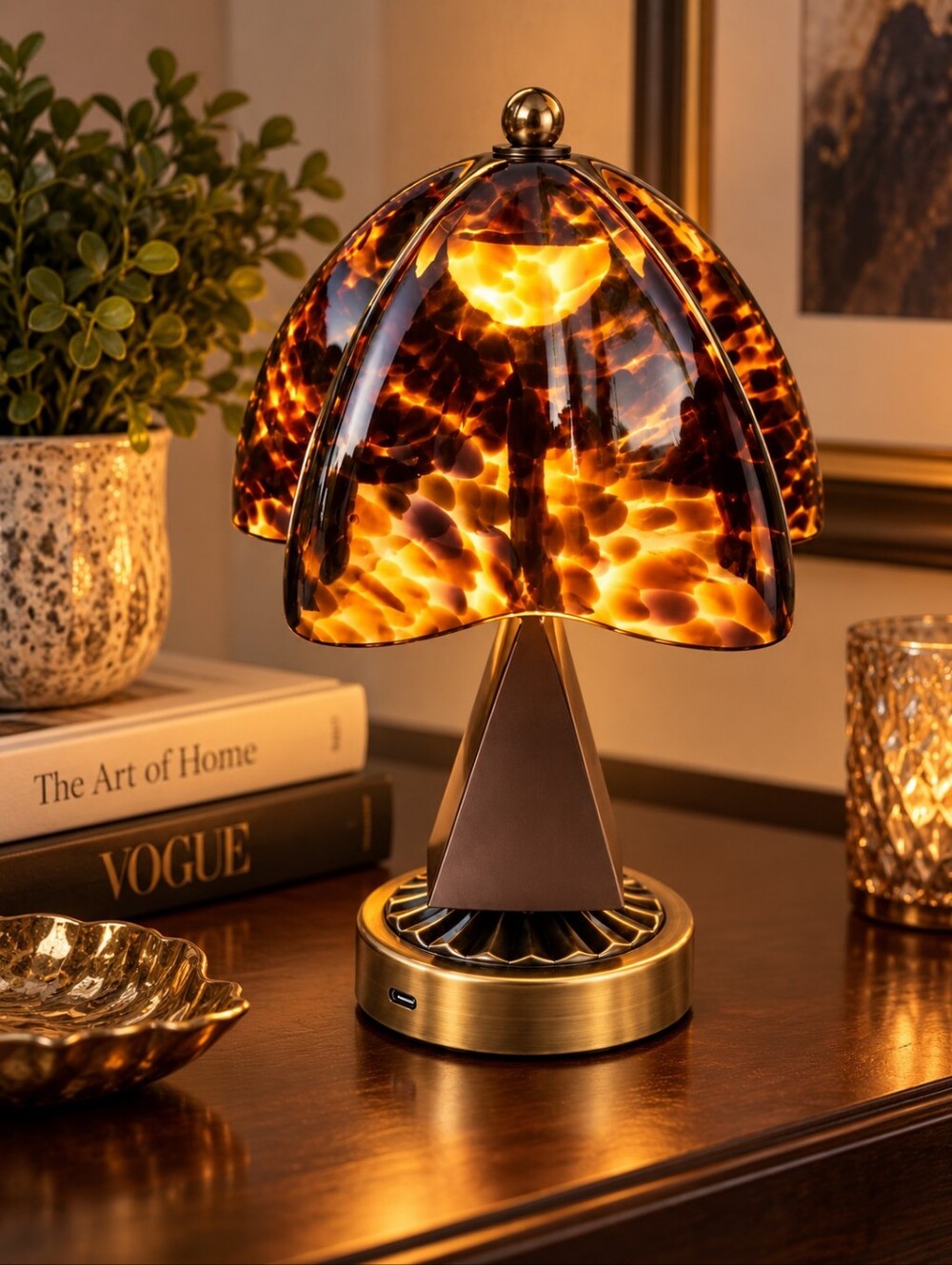Tortoiseshell Glass Cordless Accent Lamp Rechargeable Touch